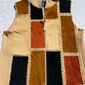 Designers Studio Originals Leather Patchwork Zip Vest XL Boho 90s